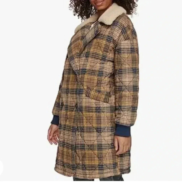 Levi's Checkered Wool-Blend Puffer Coat - Brown and Navy - Picture 3 of 14
